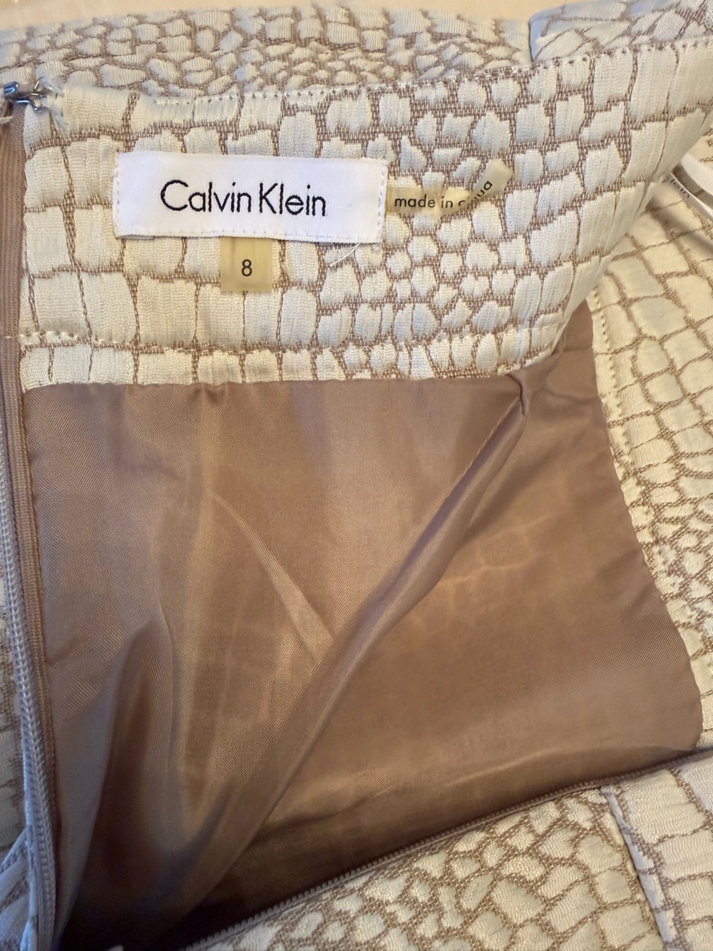 Calvin Klein Cream Textured Pencil Skirt with Taupe Lining